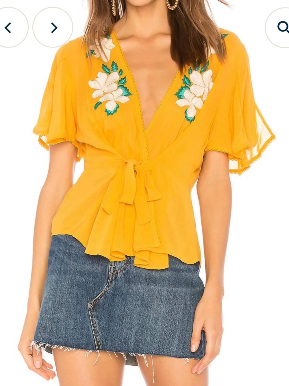 Cleobella Rosie top in Marigold, Open-Front Tie Blouse with Floral Embroidery
